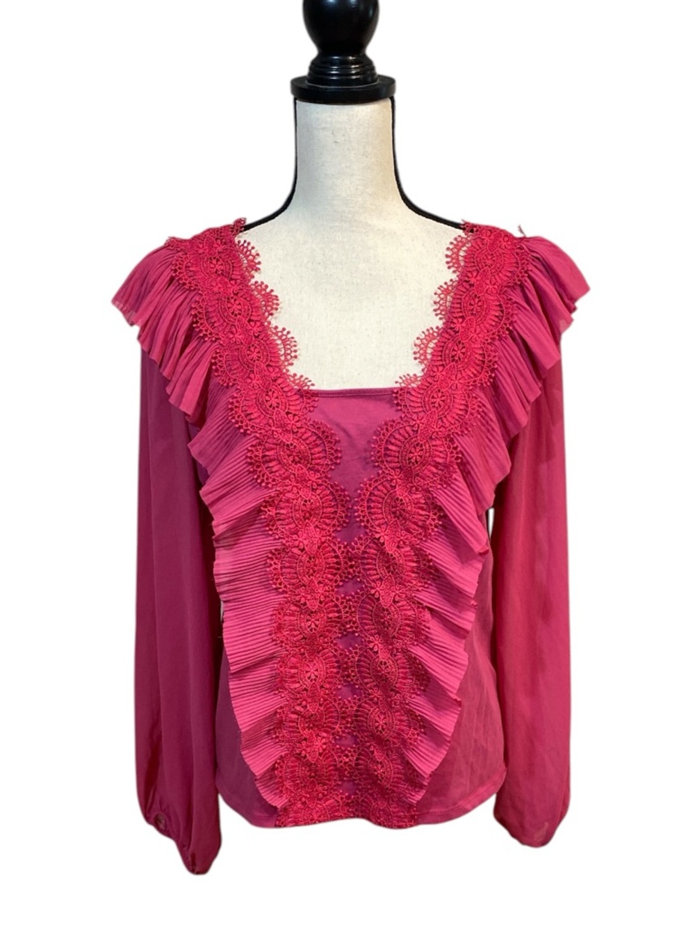 Marc New York Bright Pink Lace Front Knit and Chiffon Top Large